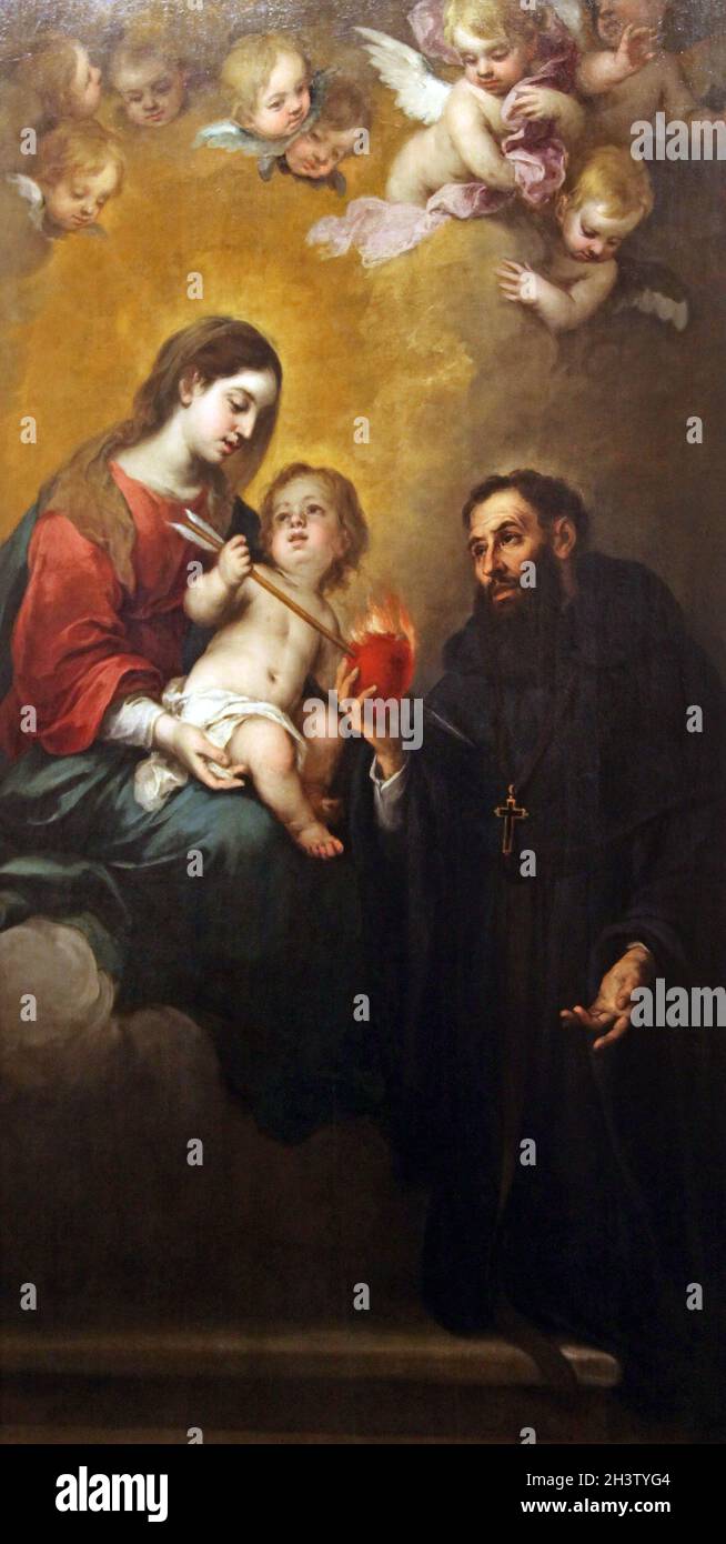 Augustinus mit der Jungfrau und dem Kind vom Maler Bartolomé Esteban Murillo (1617 - 1682) Spanischer Barockmaler.Spanien Sevilla.San Agustin con la Virgin y el Nino Stockfoto