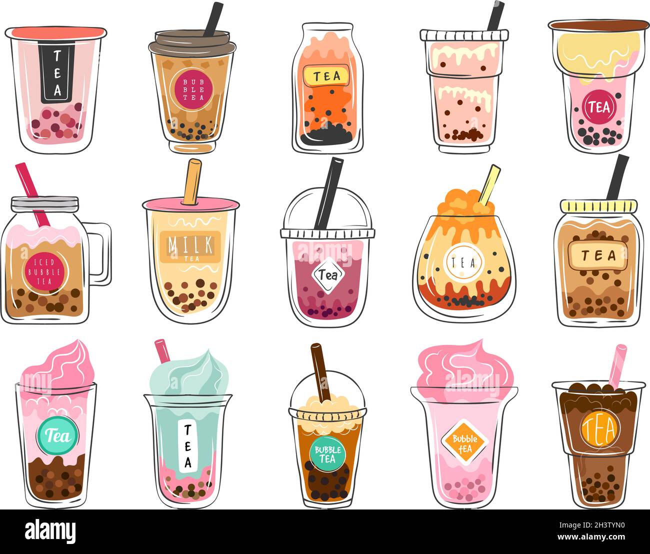 Bubble Tea Kritzeleien. Dessert asiatische Getränke in Plastikbechern köstliche kalte Mokka Frische Tee Vektor Illustrationen Set Stock Vektor