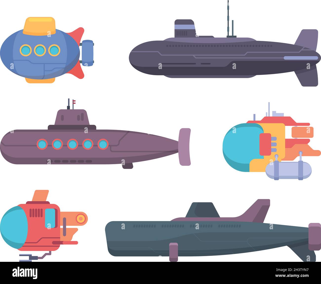 U-Boote. Reise Tauchen Unterwasser Boot Explorer Propeller Schiff Vektor Sammlung Stock Vektor