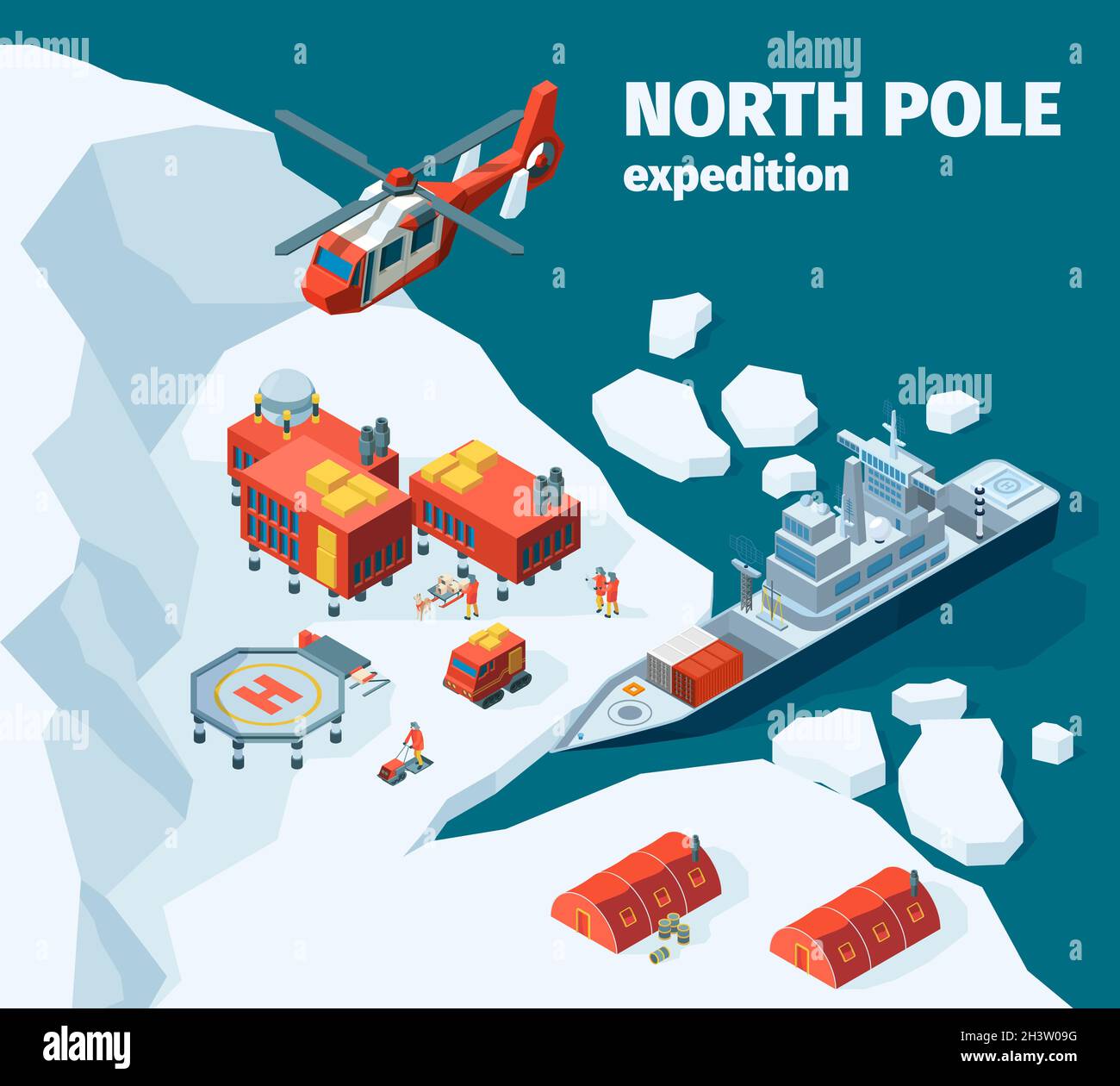 Meteorologische Nordstation. Polarer Nordpol Hintergrund Explorer Tourismus antarktis Gebäude Vektor isometrisch Stock Vektor