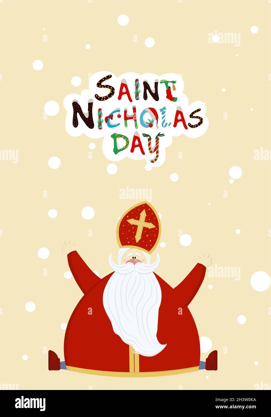 Grußkarte für den Tag des Hl. Nikolaus. Sinterklaas. Religiöser Winterurlaub. St. Nikolaus oder Mikulas. Stock Vektor