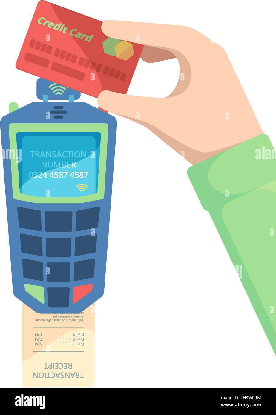 Bezahlkartenterminal. Handhabbare Debitkarte mit nfc-Modul Geldüberweisungsautomat für einfaches Checkout-Vektor-Konzept Stock Vektor