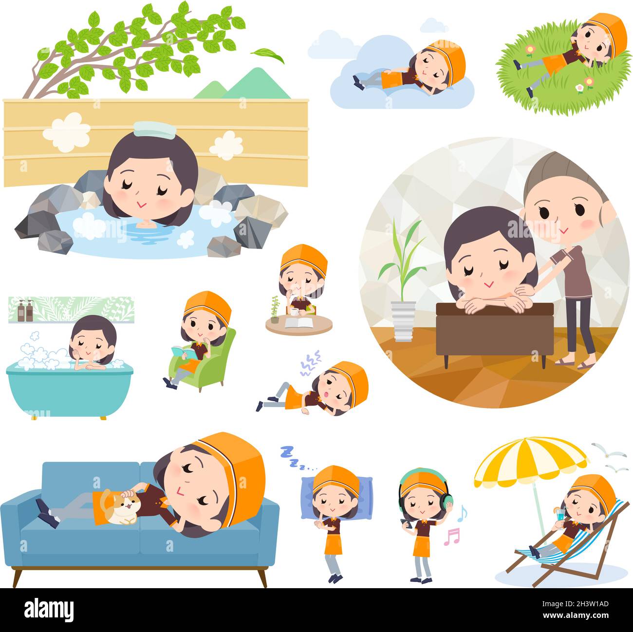 Eine Reihe von Fast-Food-Frau über entspannend.IT 's Vektor-Kunst so einfach zu bearbeiten. Stock Vektor