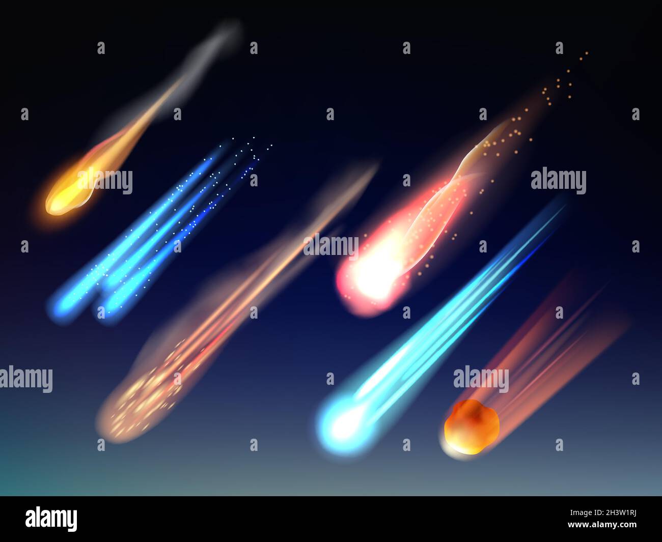 Fallende Kometen. Astronomie Sammlung Raum Körper Sterne Meteoriten kosmisch glühenden Universum Vektor-Elemente realistische Vorlage Stock Vektor