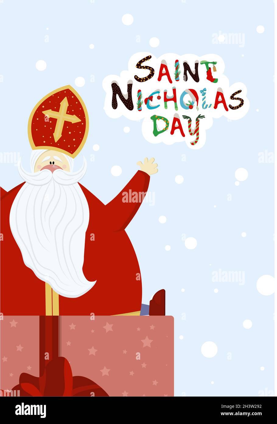 Grußkarte für den Tag des Hl. Nikolaus. Sinterklaas. Religiöser Winterurlaub. St. Nikolaus oder Mikulas. Stock Vektor
