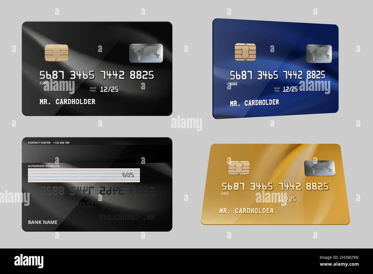 Debitkarten. Kunststoff Bank finanzielle Kreditkarten realistische Vorlage Stock Vektor