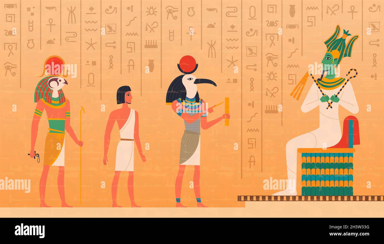 Ägypten Wandgemälde. Kulturelle alte Charaktere Malerei an der Wand historischen ägyptischen Hintergrund mit Göttern ossiris pharao anubis genaue Vektor-Set Stock Vektor