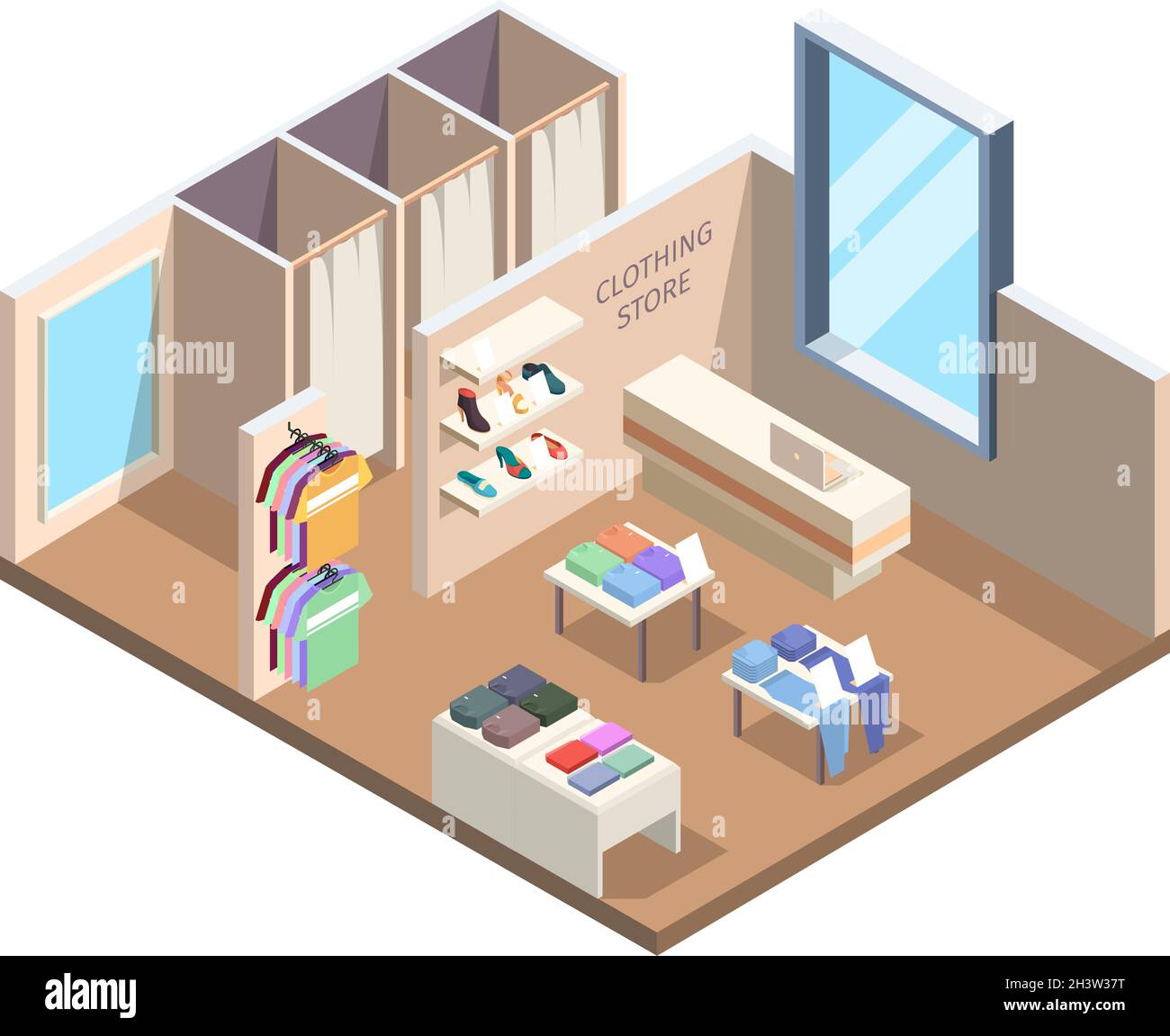 Wäscheständer isometrisch. Boutique-Ausstellungsstand außen im Einkaufszentrum Mode Einzelhandel Outfit Vektor Stock Vektor