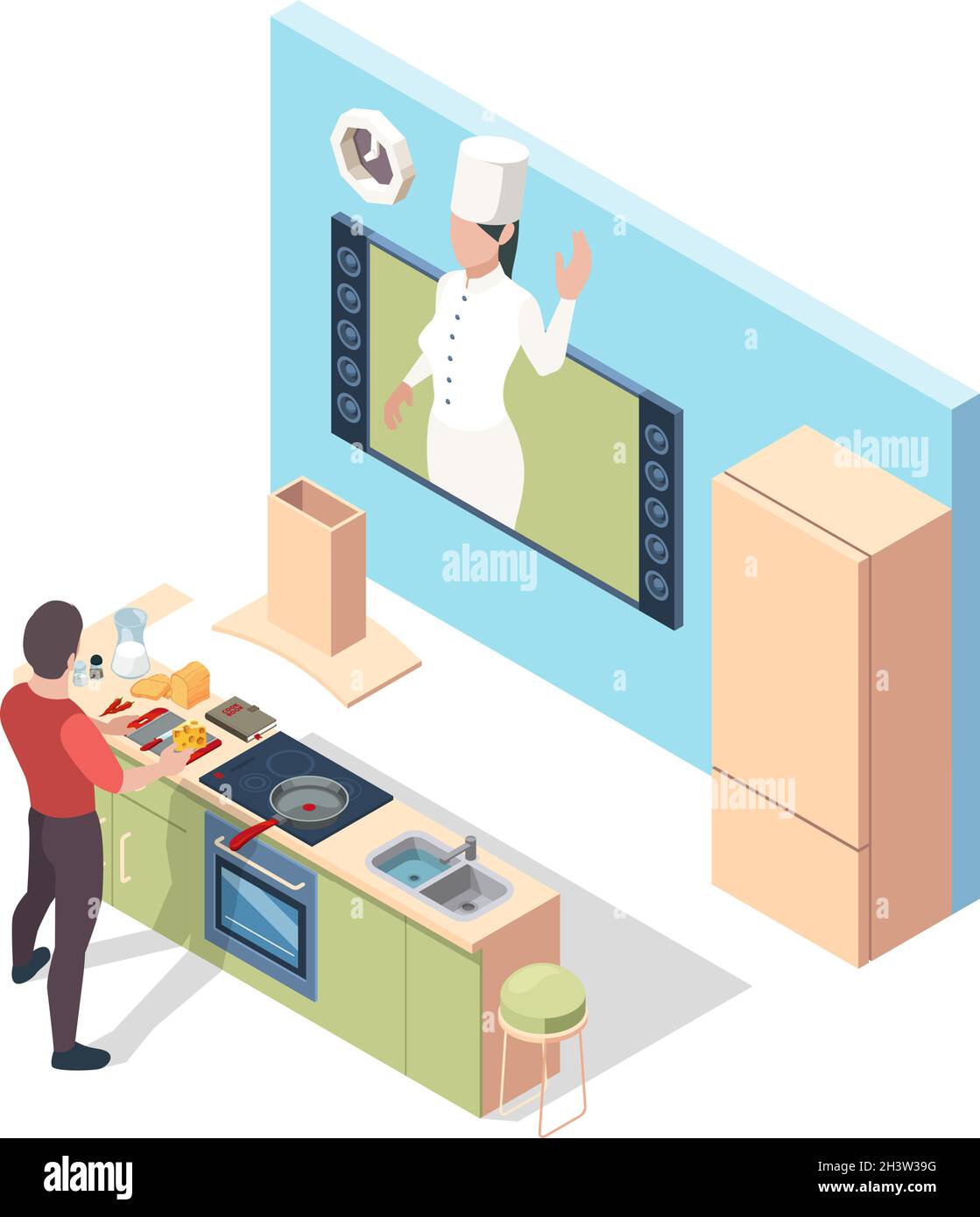 Online kochen. Vorbereitung Lebensmittel Rundfunk Lektion Koch Unterricht in der Küche online Vektor isometrisches Konzept Stock Vektor