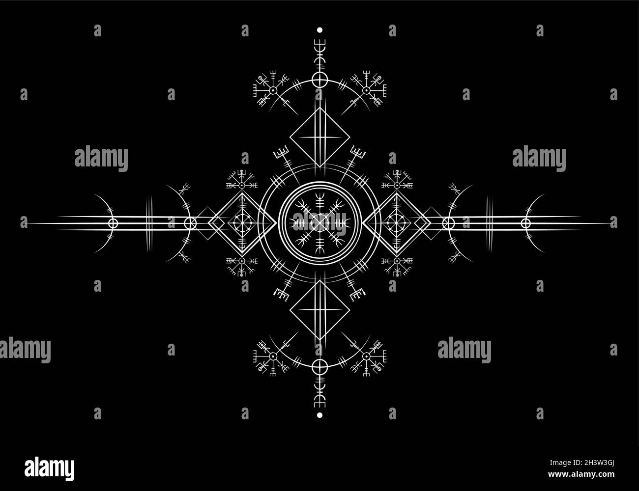 Magischer alter wikinger Art deco, Weißer Vegvisir Navigationskompass uralt. Die Wikinger verwendeten viele Symbole in Übereinstimmung mit nordischen Mythologie Zeichen Stock Vektor