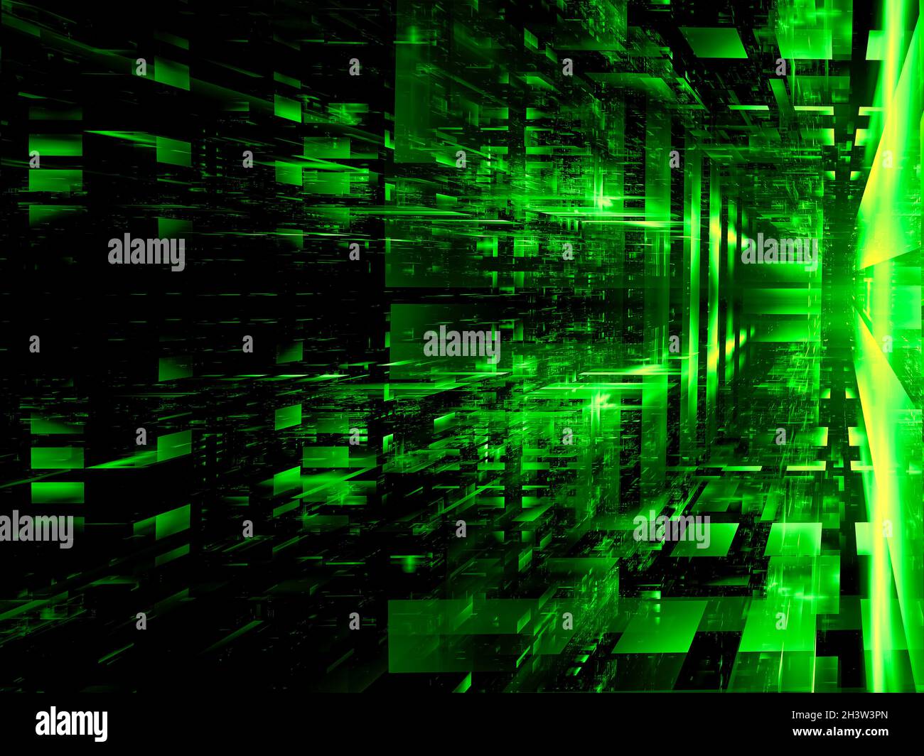 Grüner Technologie-Hintergrund mit leuchtenden Blöcken - abstrakte 3d-Illustration Stockfoto
