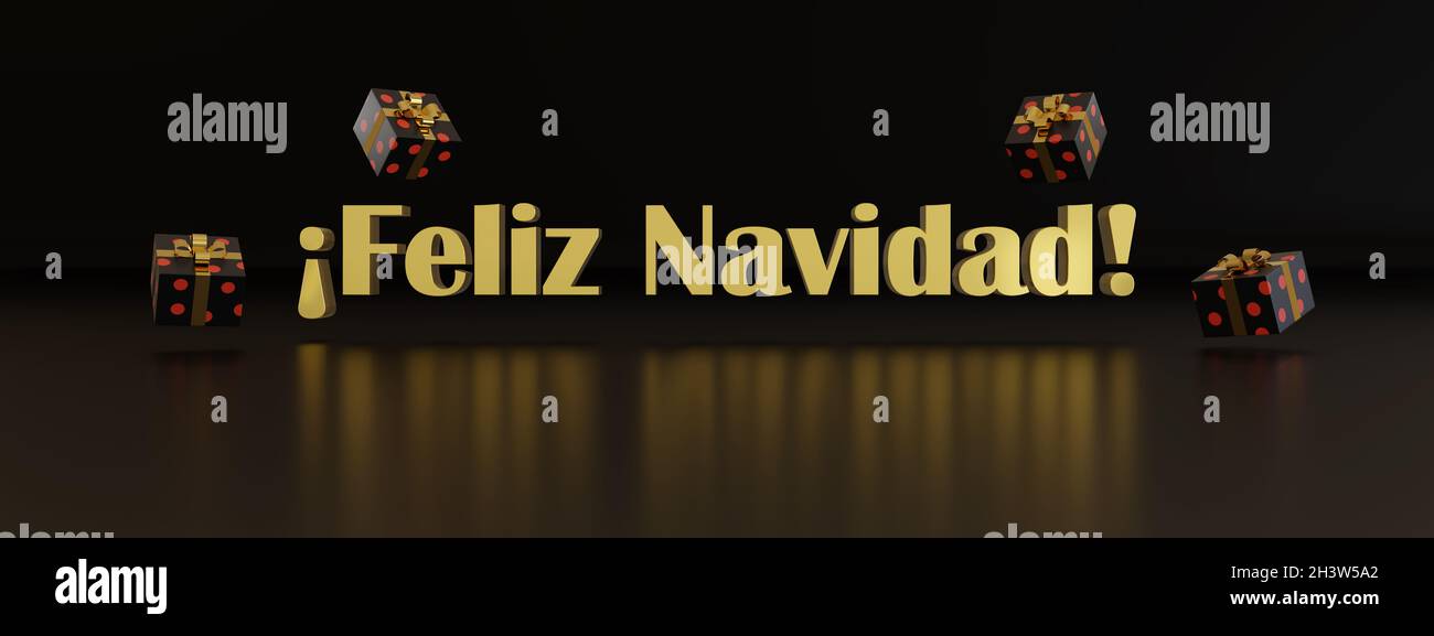 3d-Text „Frohe Weihnachten“ auf Spanisch auf dunklem Hintergrund. 3d-Illustration. Stockfoto
