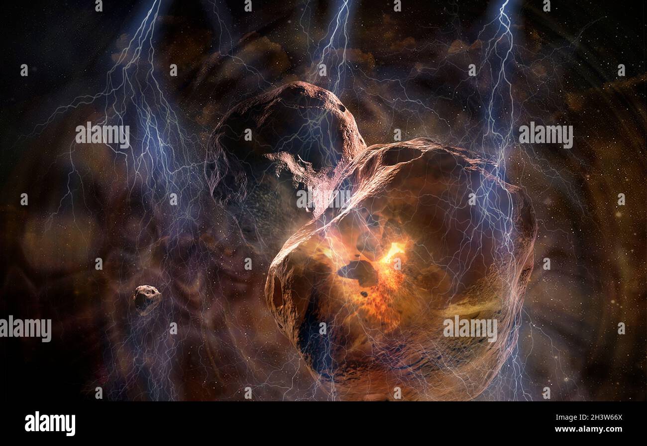 Kollision zweier Planeten zweier Welten in einem phantasmagorischen Himmel mit Blitz. Elemente dieses Bildes, die von der NASA eingerichtet wurden. Stockfoto