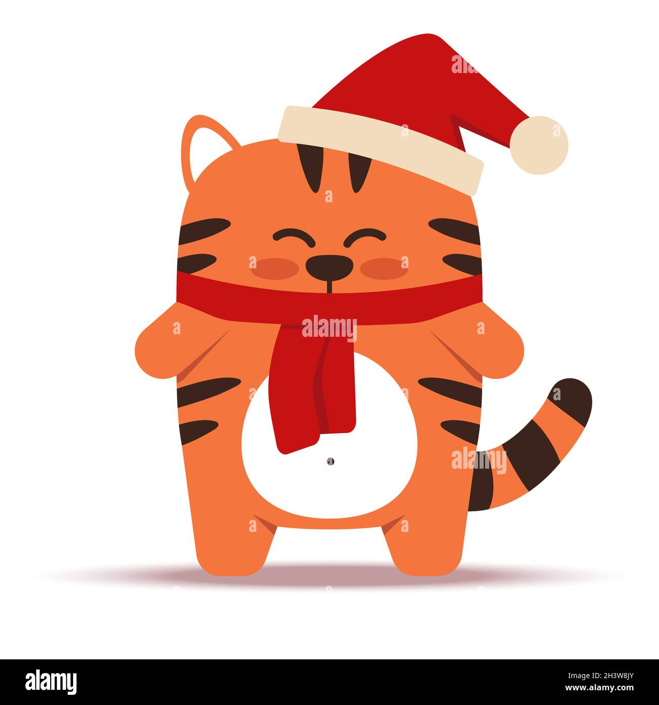 Niedliche kleine orange Tiger Katze in einem flachen Stil. Das Symbol des chinesischen Neujahrs 2022. Tier mit Weihnachtsmütze und Schal. Der Tiger steht Stock Vektor