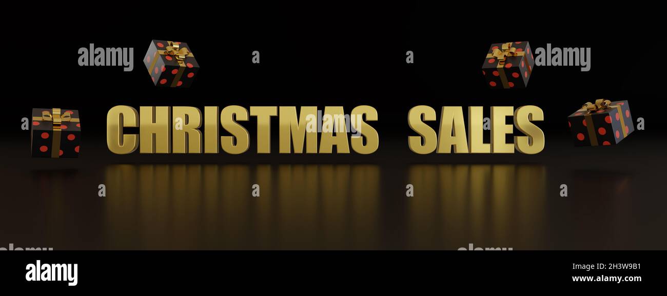 Goldene fröhliche weihnachts-Text und Geschenkschachteln auf dunklem Hintergrund. 3d-Ilustration. Stockfoto