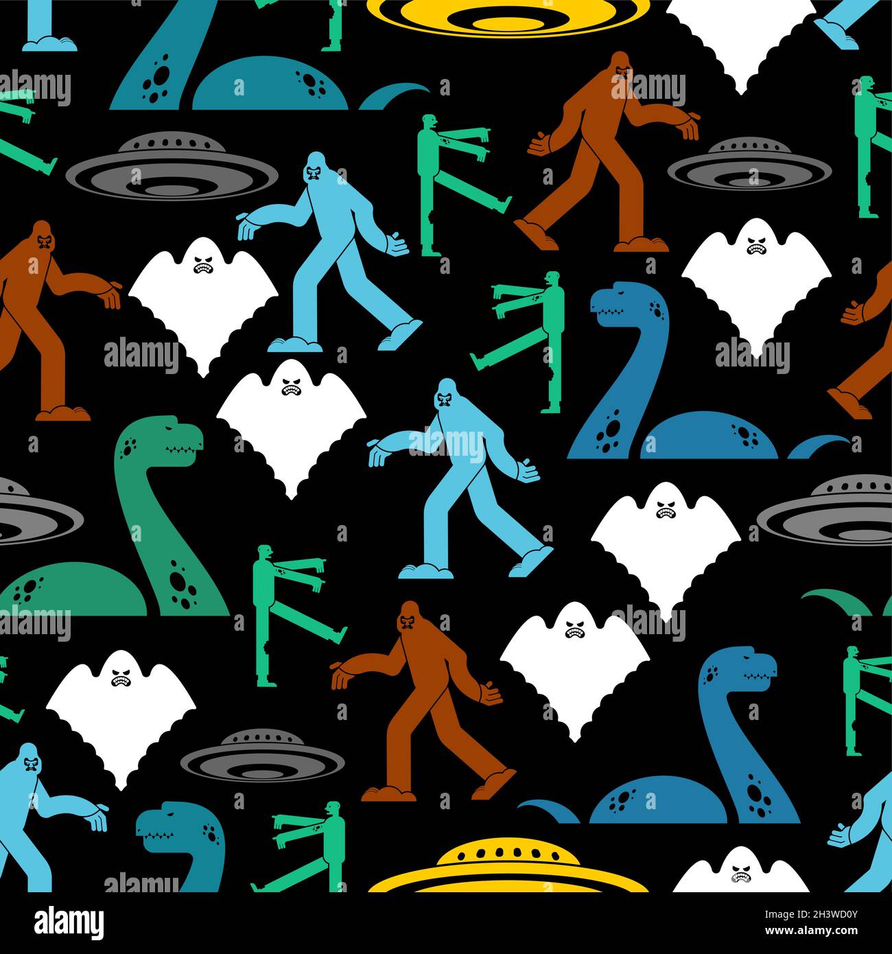 Paranormale Monster Muster nahtlos. Werwolf und Zombies. UFO und Yeti. Loch Ness Monster und Geist. Monster Hintergrund Stock Vektor