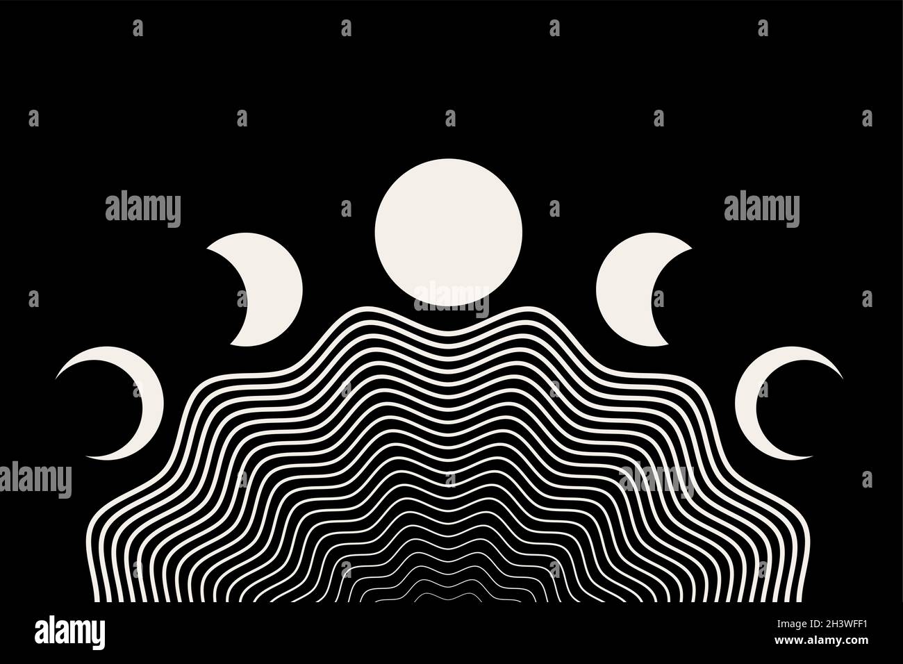 Mondphasen, geometrische Wellen, abstrakter zeitgenössischer Muschelhintergrund. Weiße Tattoo-Farbe. Boho-Wanddekoration mit modernen minimalistischen Kunstdrucken. Bio-Natu Stock Vektor