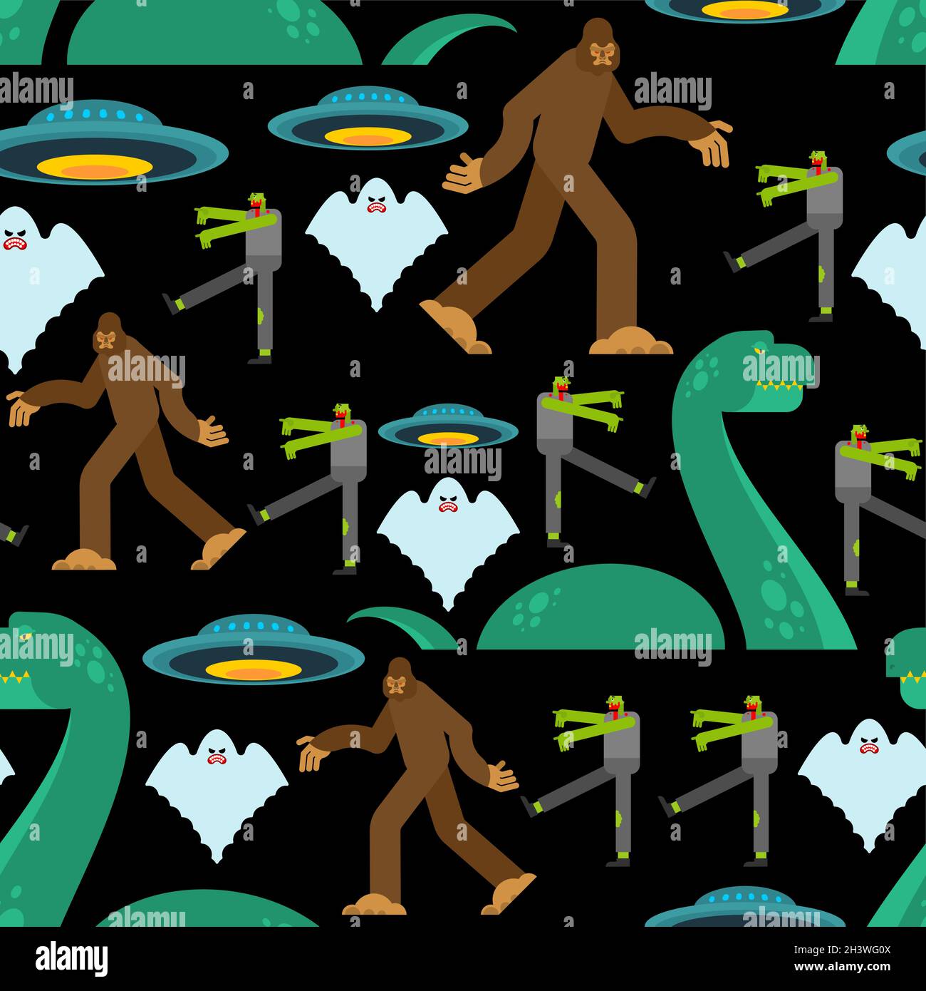 Paranormale Monster Muster nahtlos. Werwolf und Zombies. UFO und Yeti. Loch Ness Monster und Geist. Monster Hintergrund Stock Vektor