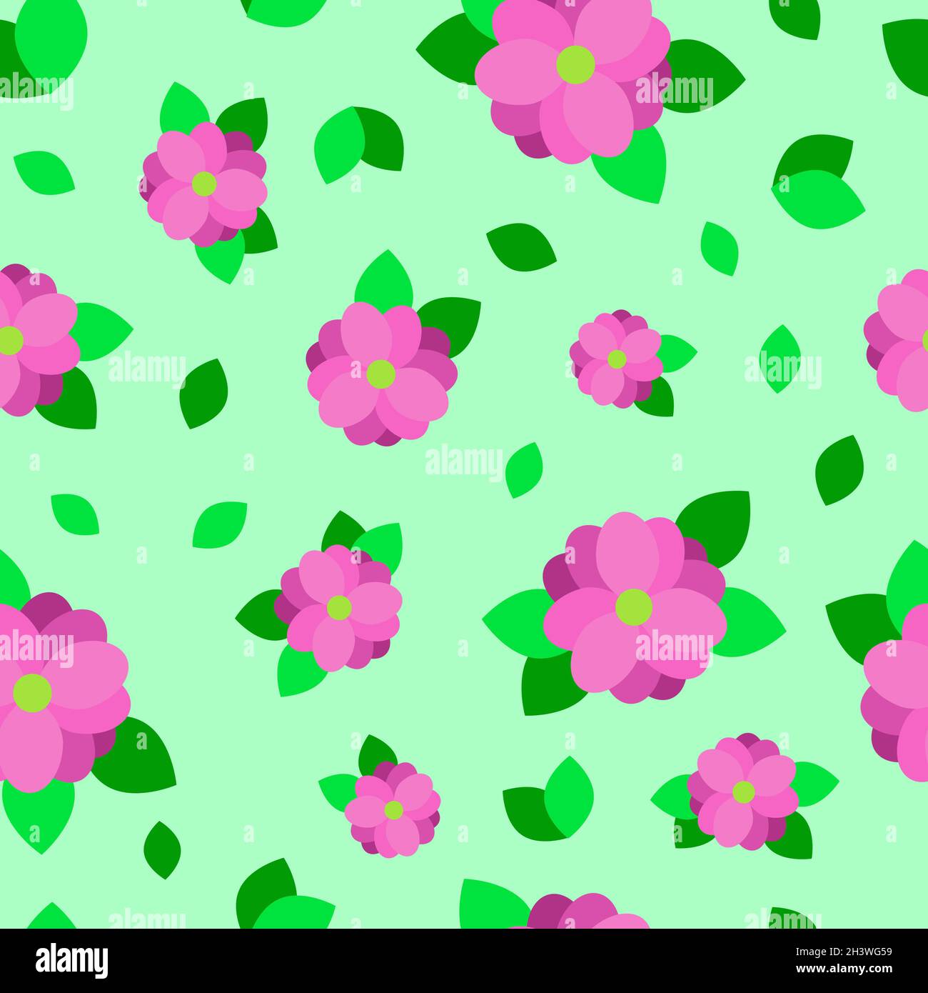 Nahtloses Muster, Blumen in verschiedenen Größen und Blättern - Vektor Stockfoto