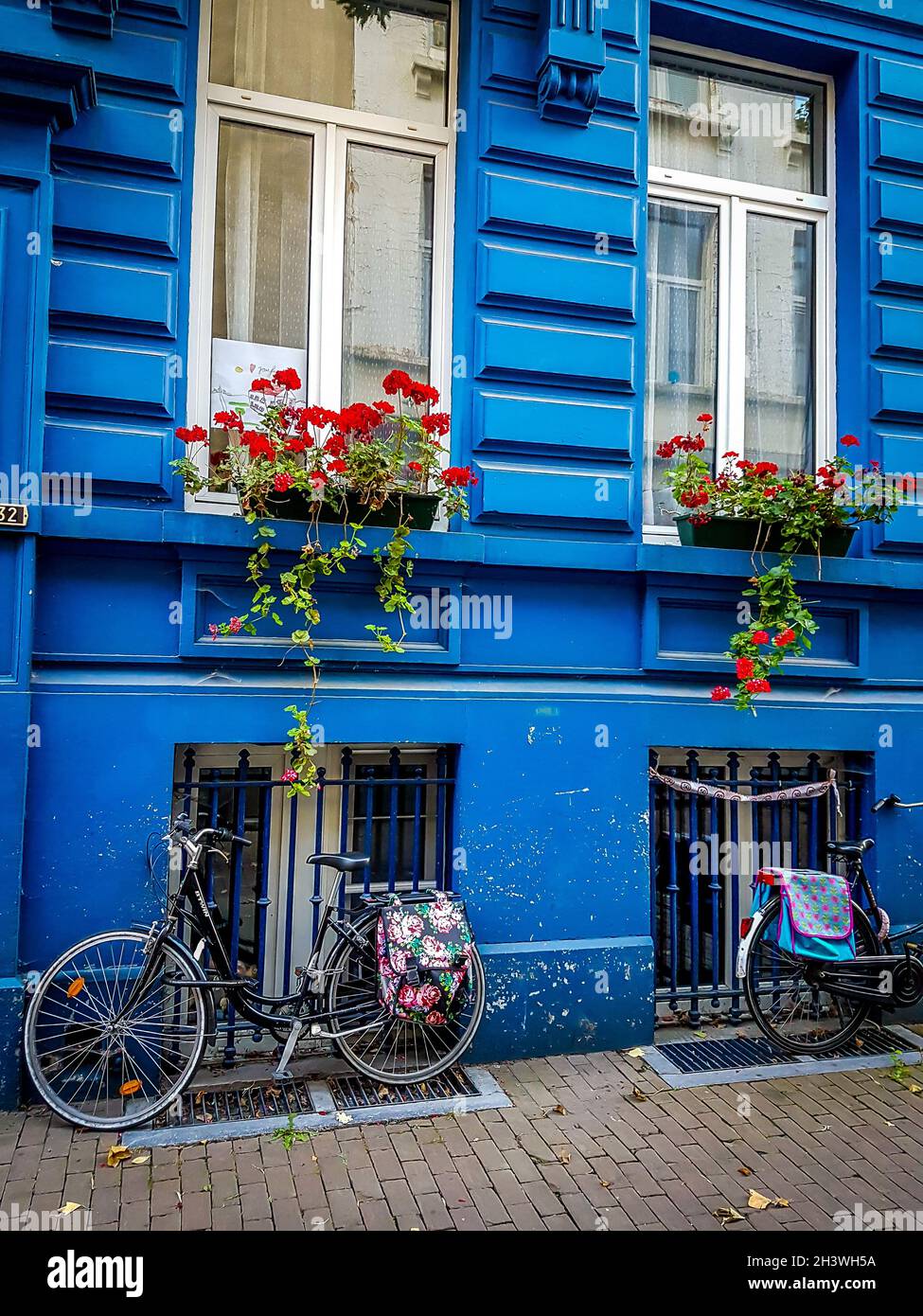 Eine blaue Wand mit zwei Fahrrädern, die von ihr unterstützt werden, und zahlreichen kleinen roten Blumen Stockfoto