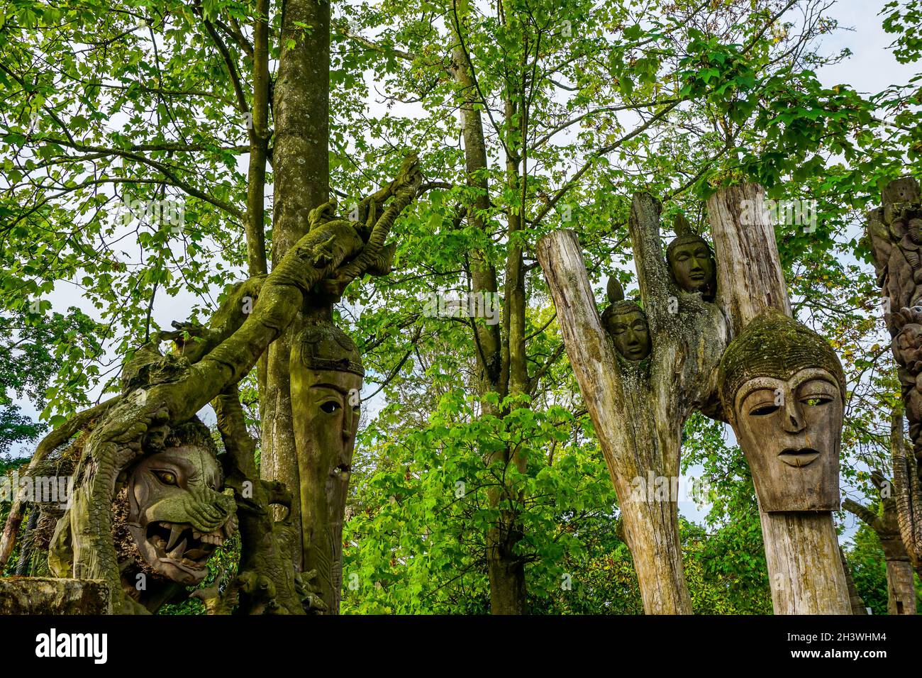 Waldlandschaft mit einigen alten Holzmasken, die verschiedene Gesichter ausdrücken, die Holzmaske eines wilden Tigers, bedeckt mit Moos und Vegetation Stockfoto