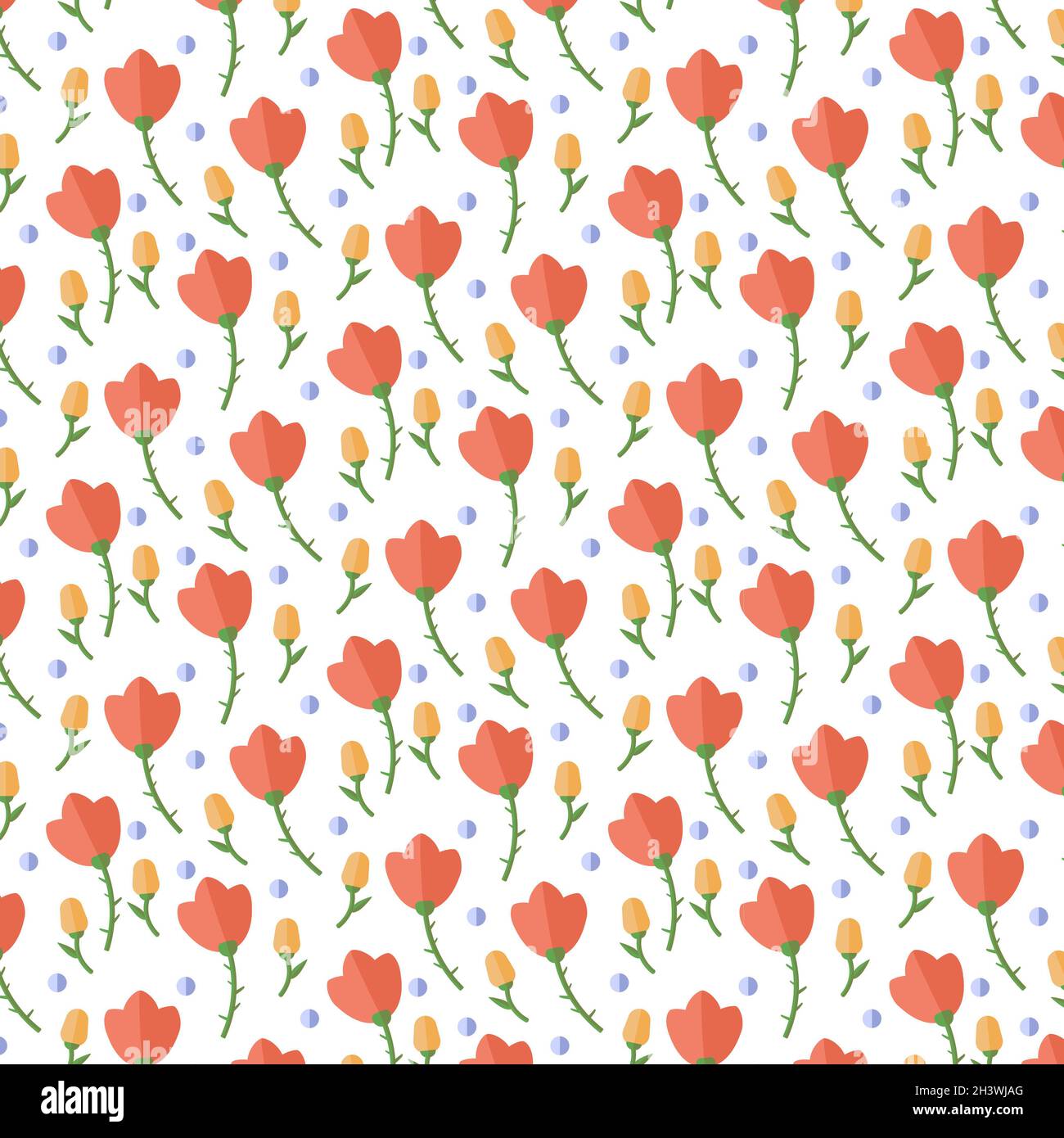 Nahtloses Muster, Blumen in verschiedenen Größen und Blättern - Vektor Stockfoto