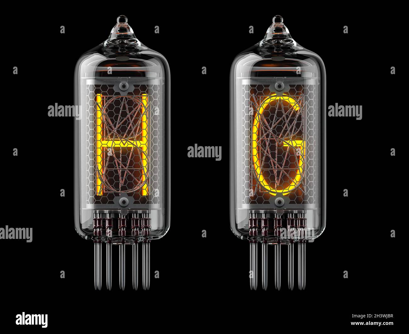 Nixie-Röhrenanzeige. Buchstaben h und g auf schwarzem Hintergrund. 3d-Illustration Stockfoto