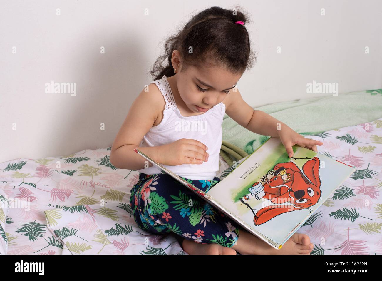 Vorschulkind zu Hause, 4-jähriges Mädchen, das auf dem Bett sitzt und ein Bilderbuch ansieht Stockfoto