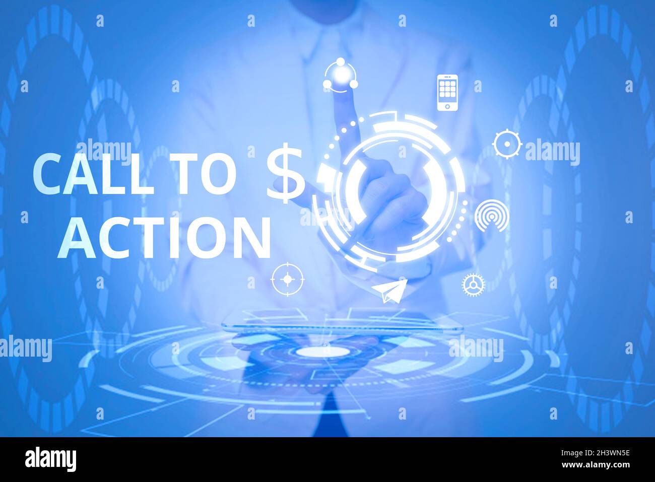 Konzeptioneller Titel Call to Action. Wort geschrieben auf Ermahnung etwas tun, um Ziel mit Problem Lady in Uniform Halten Tablet in der Hand zu erreichen Stockfoto