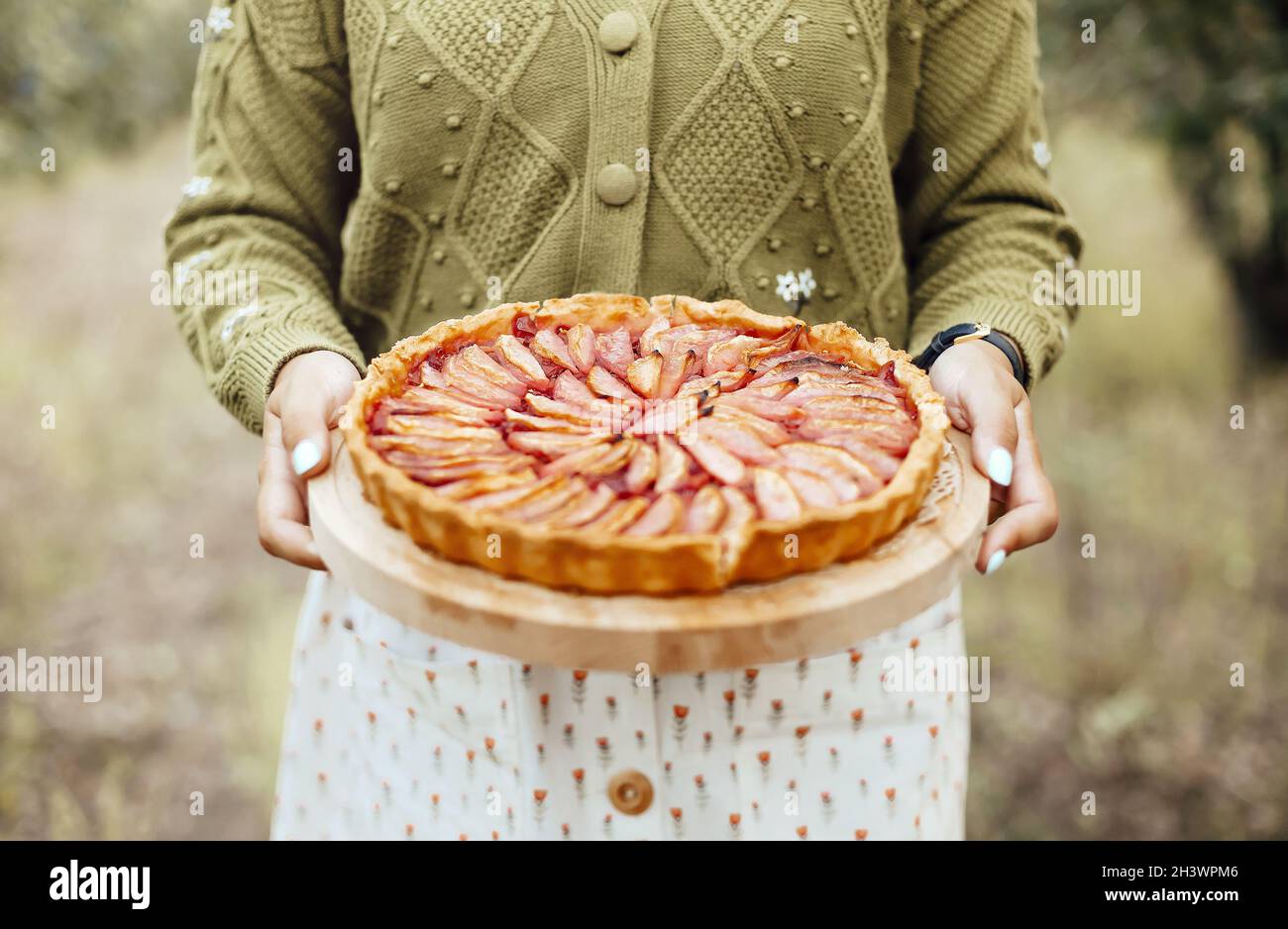 Crop Frau mit Kuchen auf dem Land Stockfoto