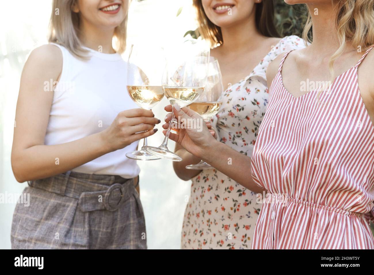 Crop Frauen trinken Wein während des Picknicks Stockfoto