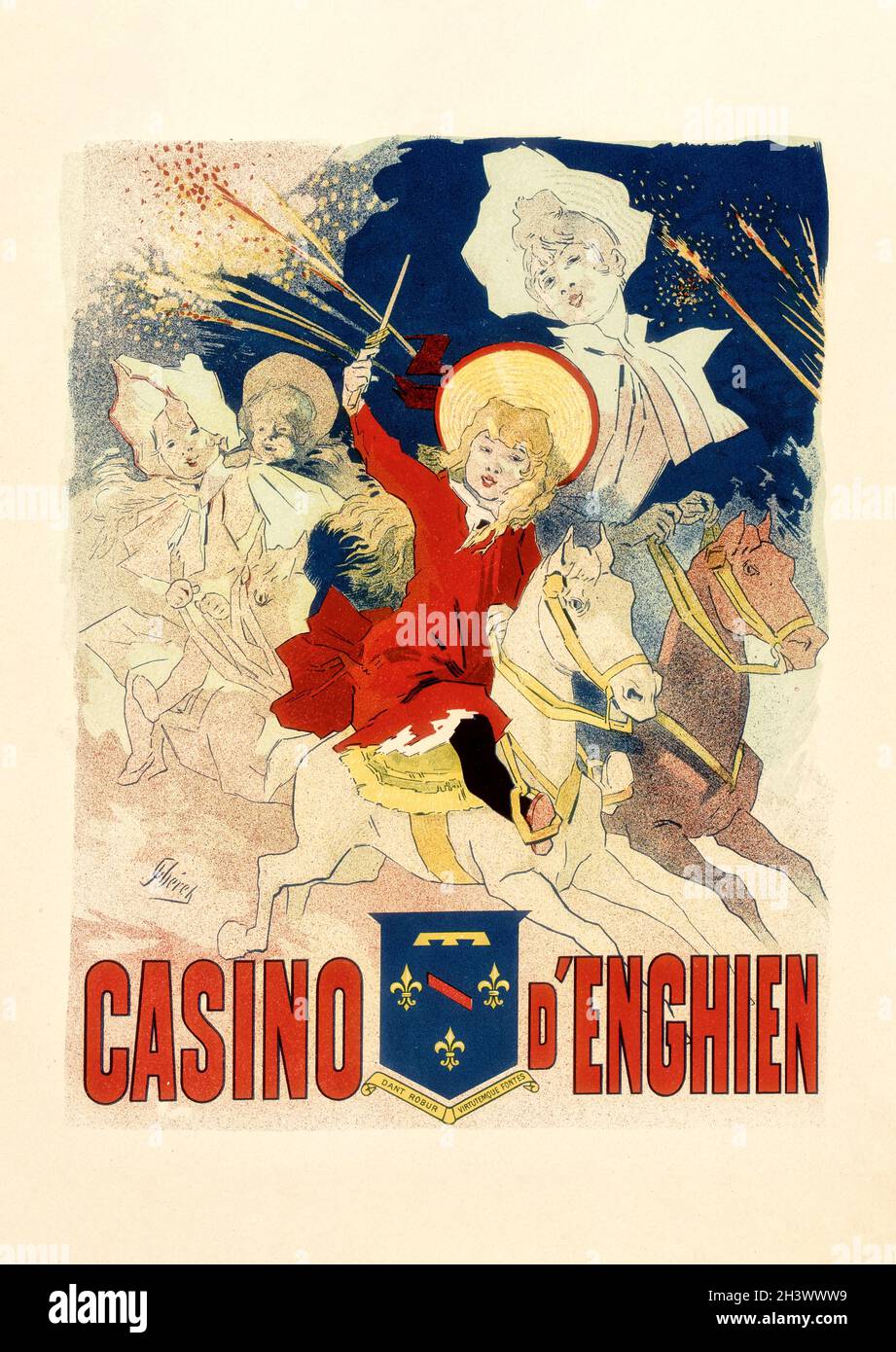 Französisches Vintage-Poster, das kleine Mädchen auf einem Holzspielzeug-Pferd zeigt, das für das Casino Barrière d'Enghien-les-bains , 1895 wirbt Stockfoto