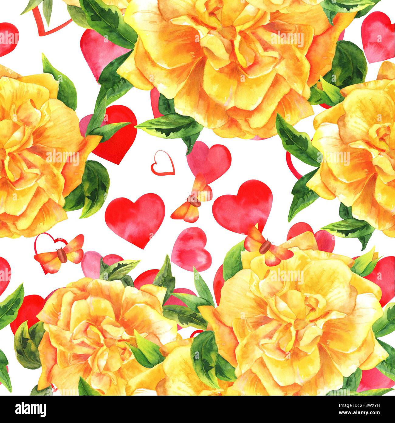 Nahtlose Aquarell gelbe rose Muster auf Weiß mit Herzen und Schmetterlinge Stockfoto