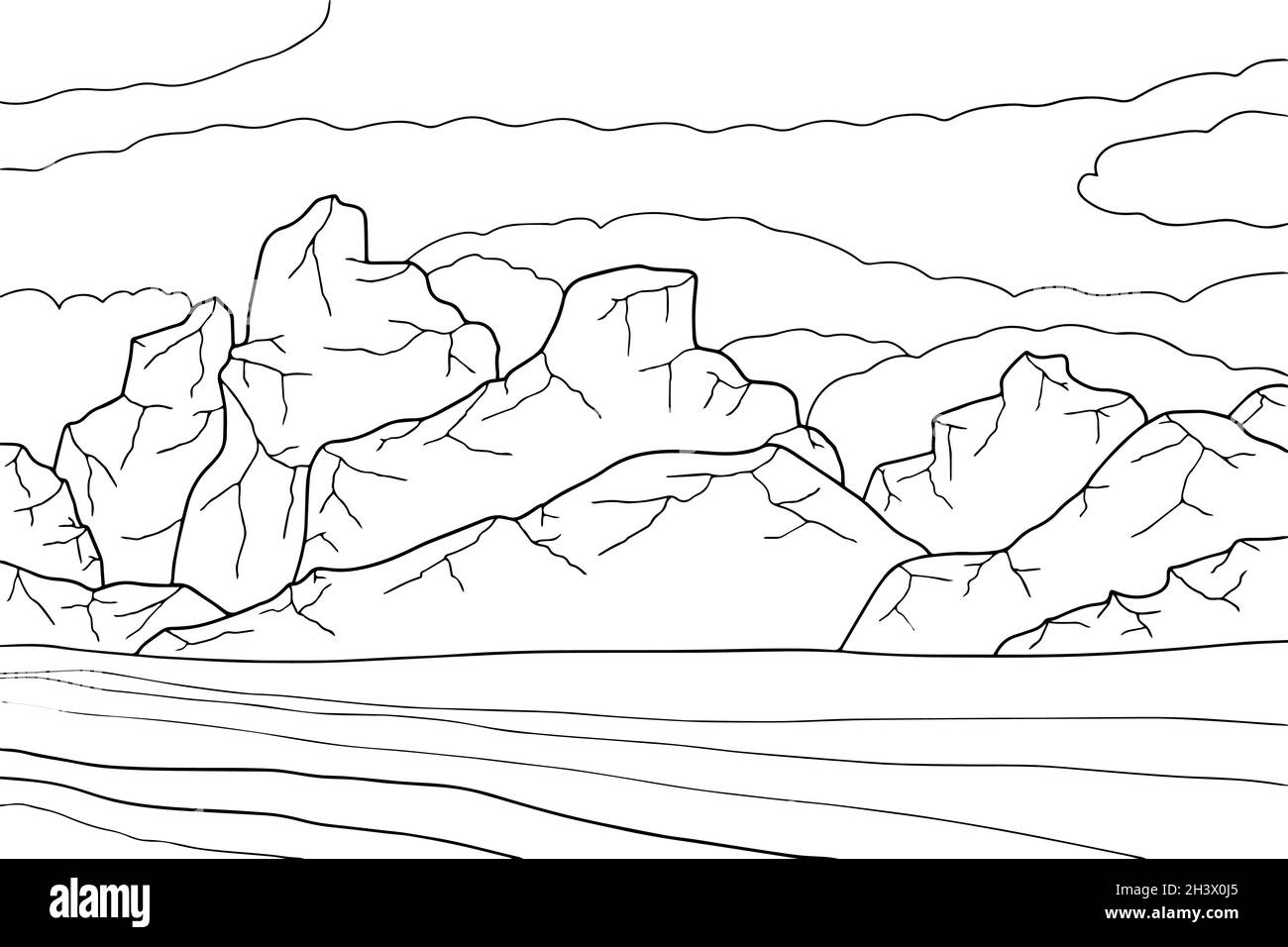 Doodle außerirdische Fantasy-Landschaft mit großen Bergen Malvorlagen für Erwachsene. Fantastische psychedelische Grafik. Vektor von Hand gezeichnet einfachen flachen illus Stock Vektor