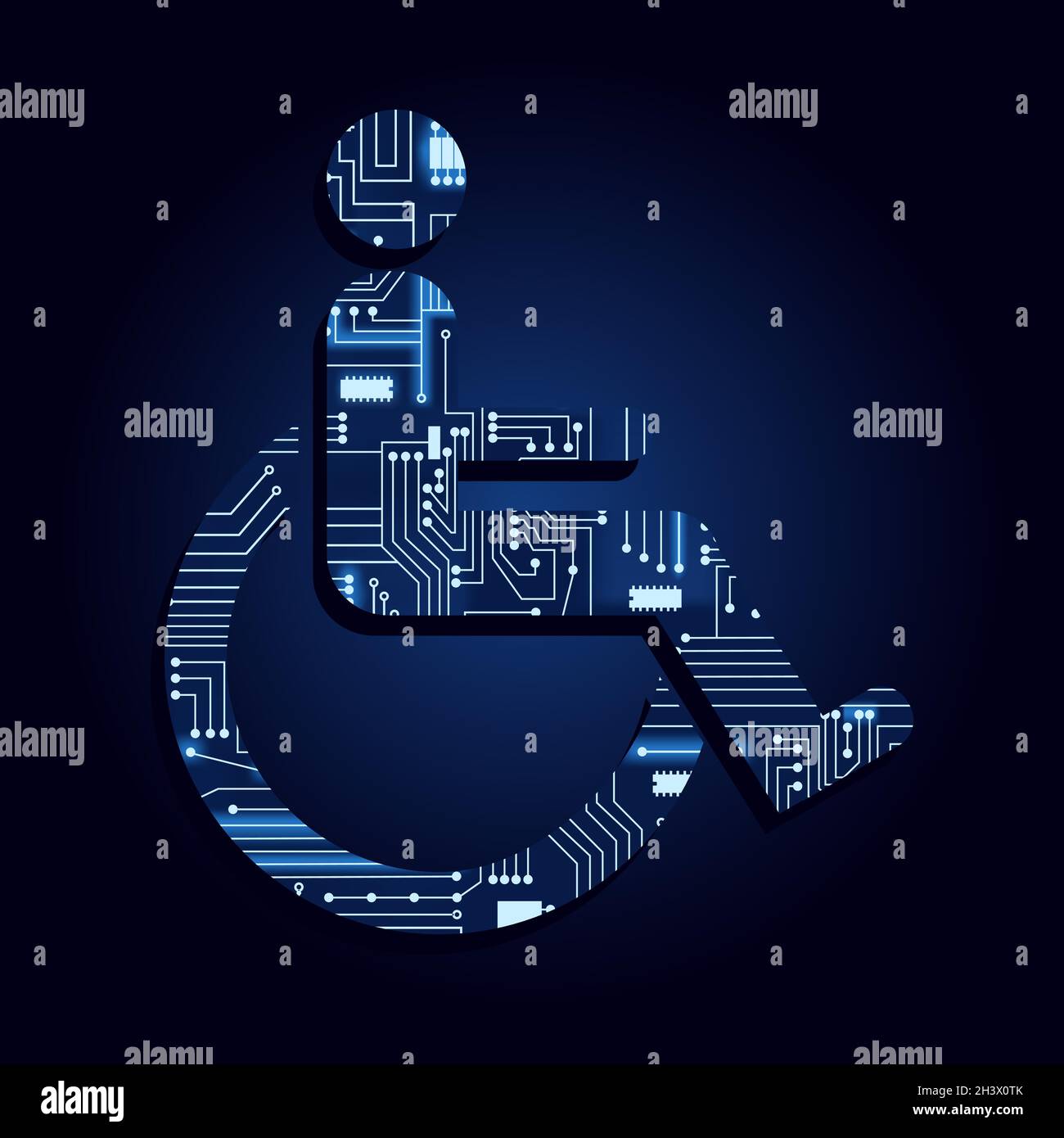 Symbol für Rollstuhlfahrer mit technologischer Elektronik. Blauer Hintergrund. Stock Vektor