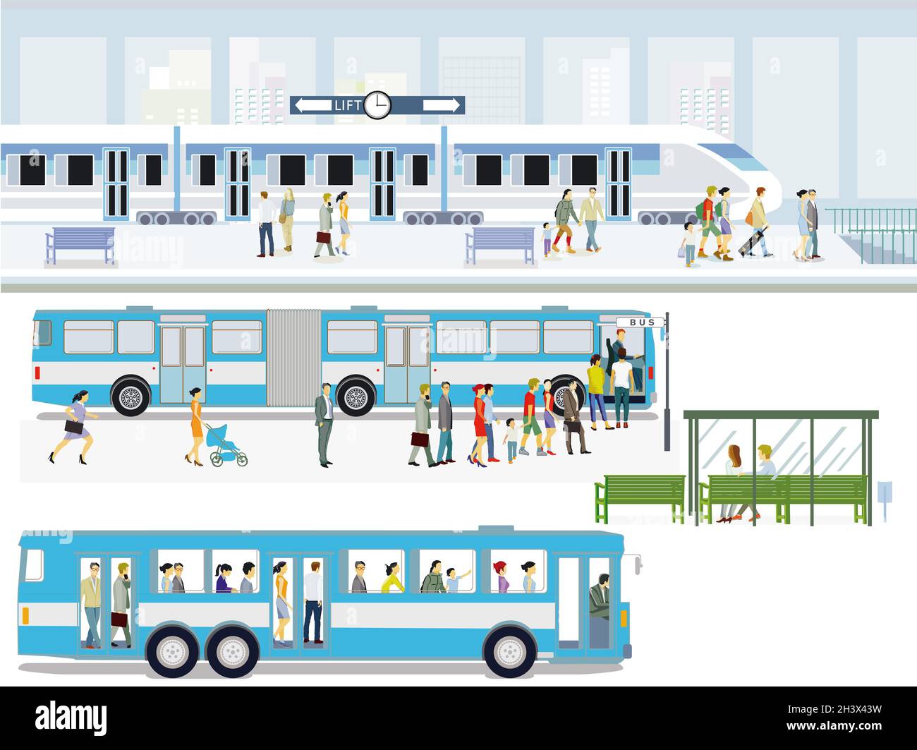 Bushaltestelle mit Expresszug und Fahrgästen Stockfoto