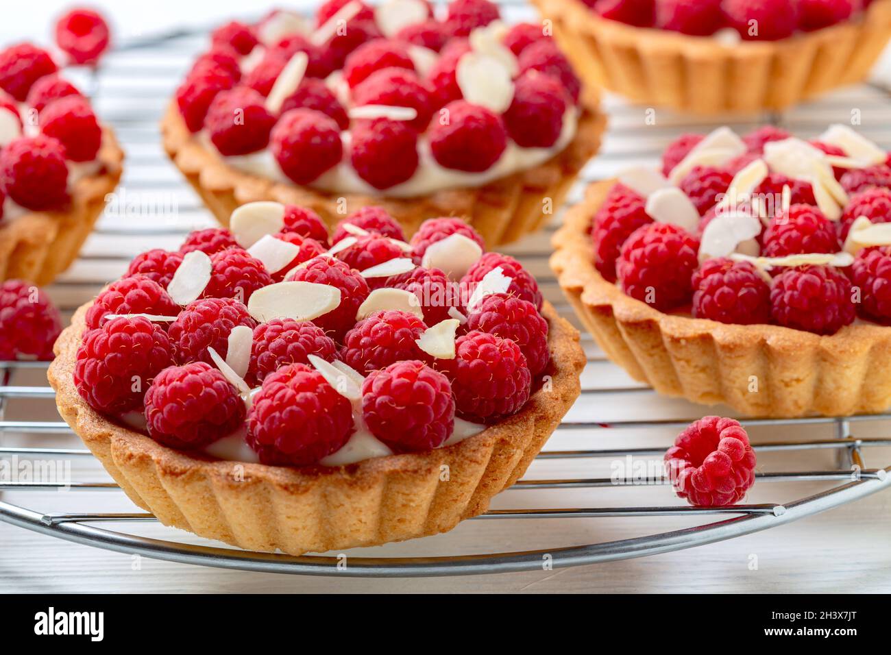 Mini-Törtchen mit Pudding und Himbeeren. Stockfoto