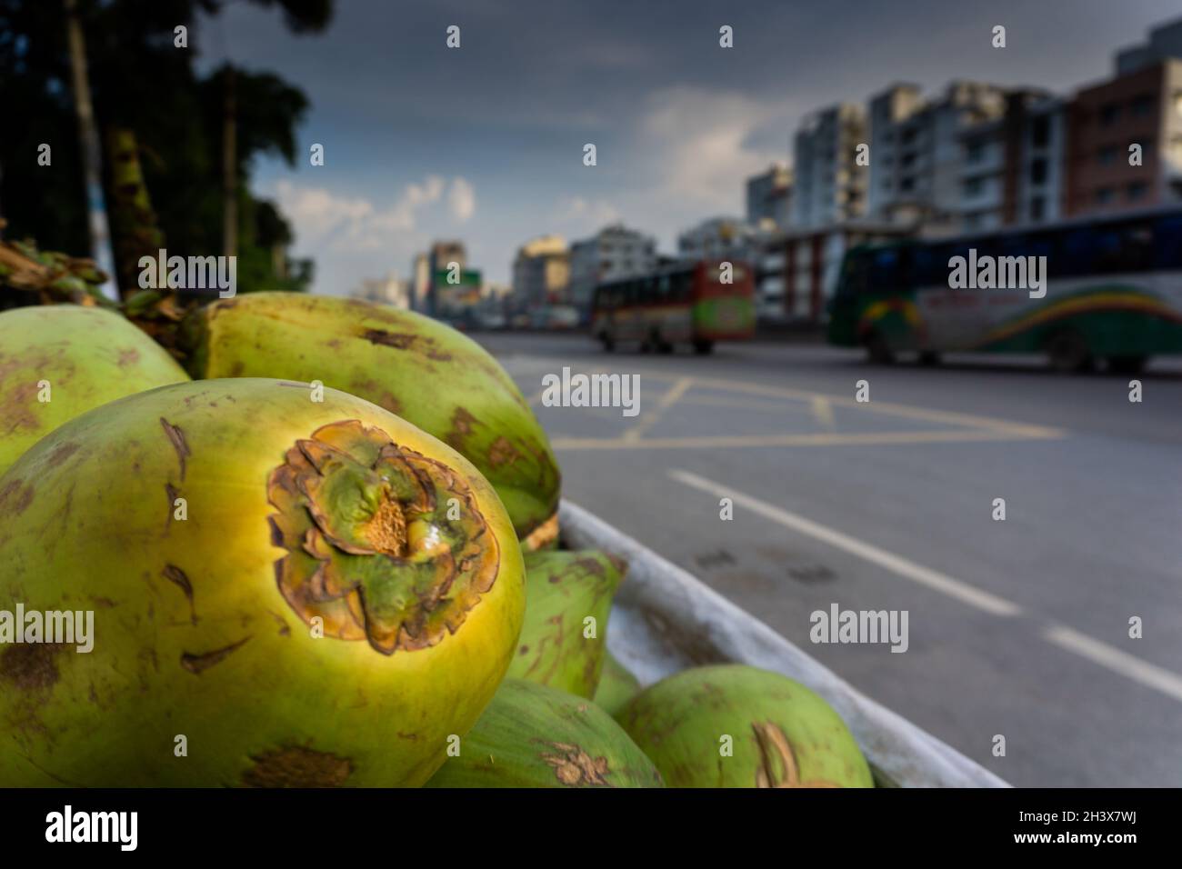 Kokosnuss ist ein beliebtes natürliches Getränk in Bangladesch. Bilder auf Straßen der Stadt. Stockfoto