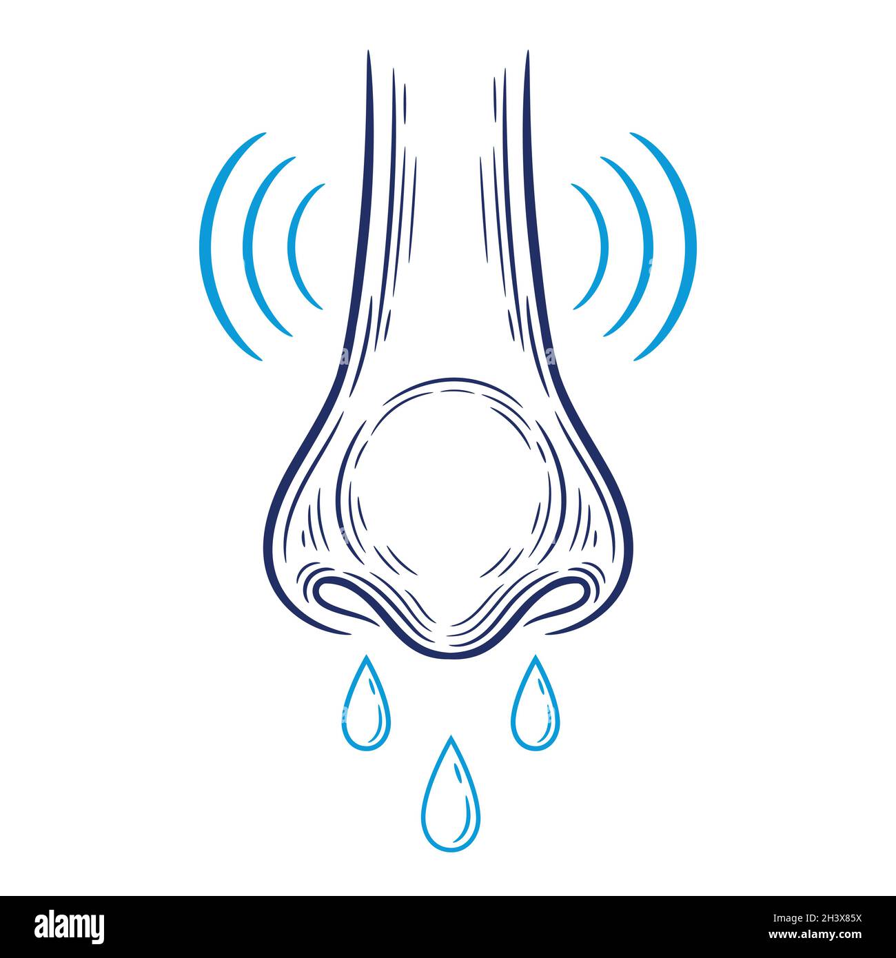 Laufende, nasse Rhinitis Nase, Allergiker-Umriss-Symbol. Erkältung und Grippe, Coronavirus Atemwegsinfektion Symptom. Tropfen snot. Vektor der allergischen Reaktion Stock Vektor