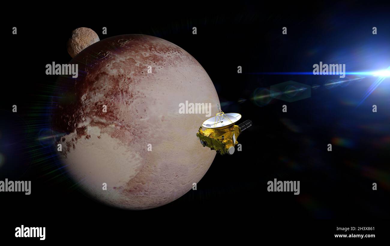 Neue Horizonte Raumschiff vor der Zwergplanet Pluto und Mond Charon Stockfoto