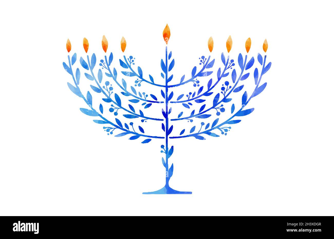Happy Hanukkah, Vektor-Aquarell-Illustration, Banner-Design. Traditionelle jüdische Feiertagsgrußkarte mit Menora und Dreidels Stock Vektor