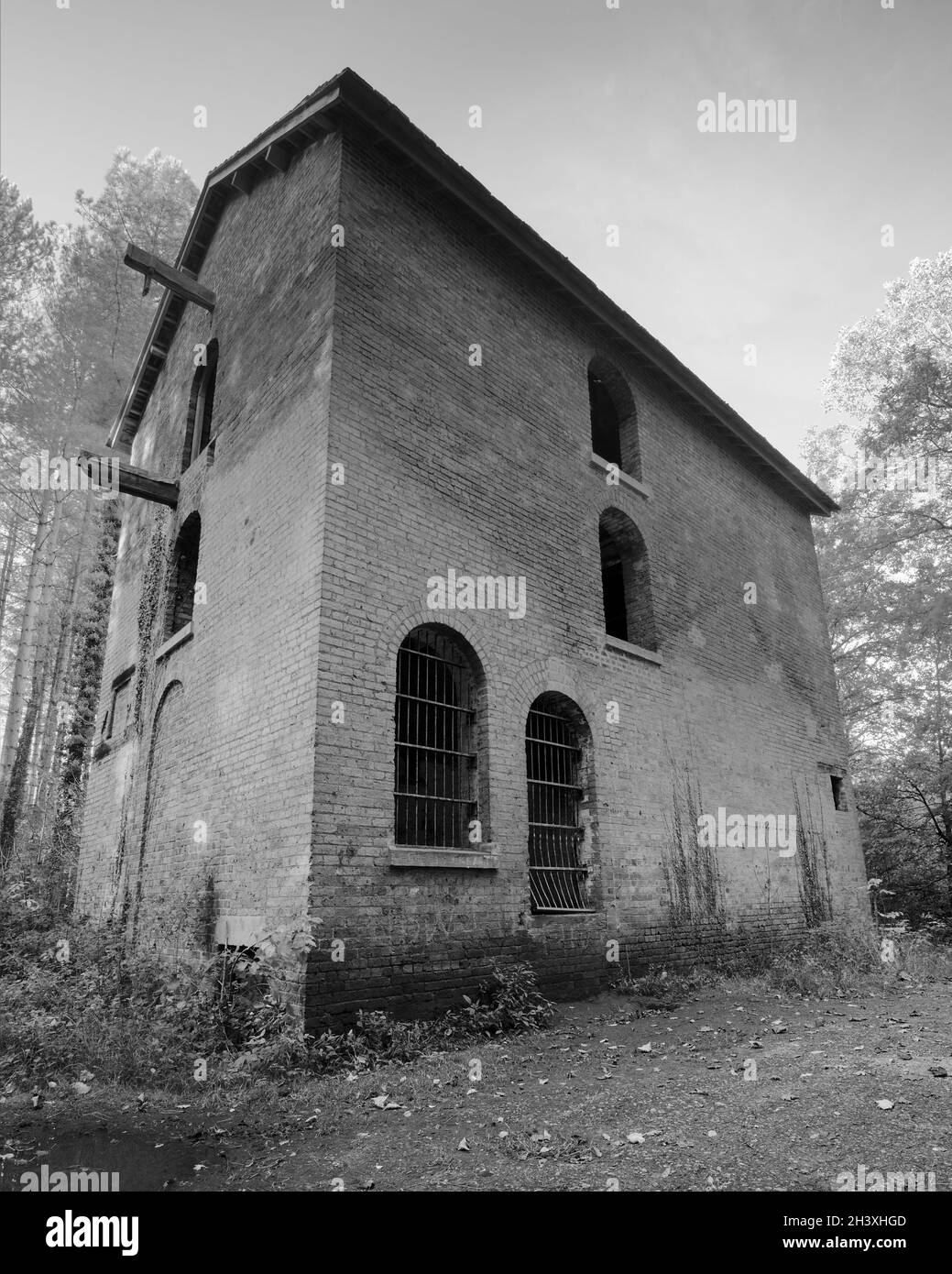 Selten gesehenes Motorenhaus, das 1901 verlassen wurde, diente als Unterkunft für eine Dampfmaschine für die lange vergessene Plumbley Colliery. Wohnhaft in Eckington Woods. Stockfoto