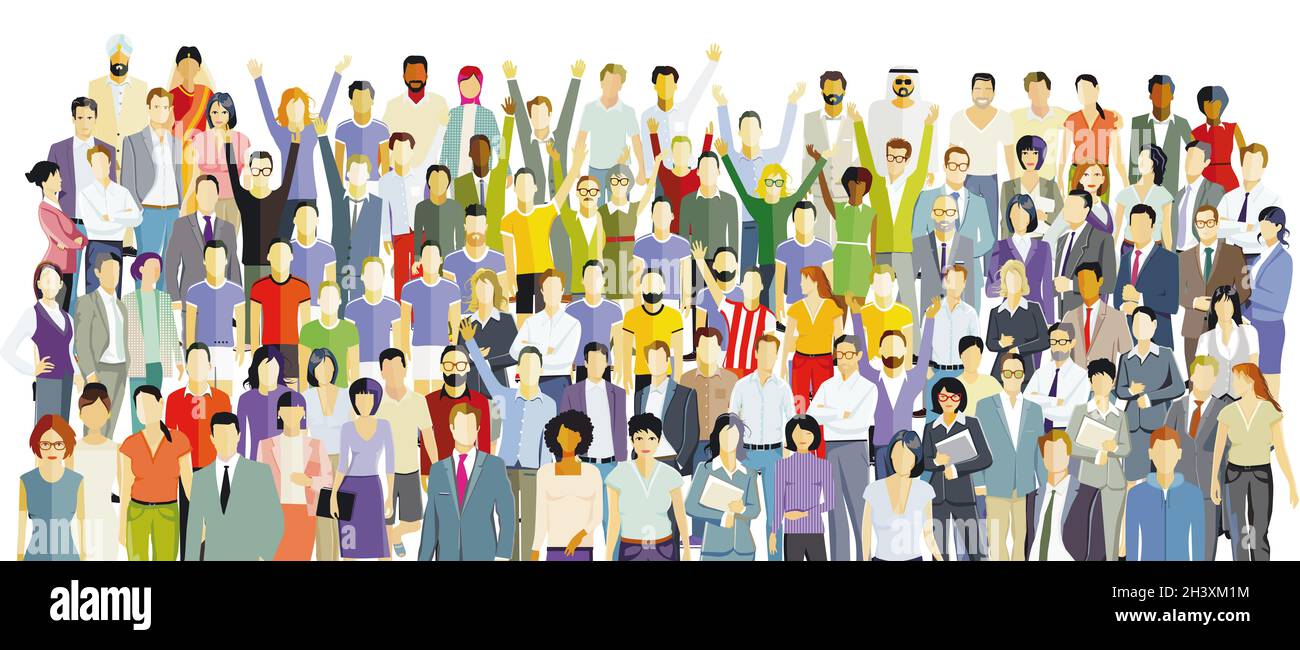 Eine große Gruppe von Menschen glücklich zusammen, auf einem weißen Hintergrund. Illustration Stockfoto