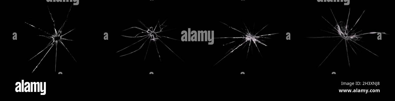 Satz mit gerissenen und abgebrochenen Glasscheiben auf schwarzem Hintergrund. Abstrakte Collage mit gerissener Fenstertextur. Stockfoto