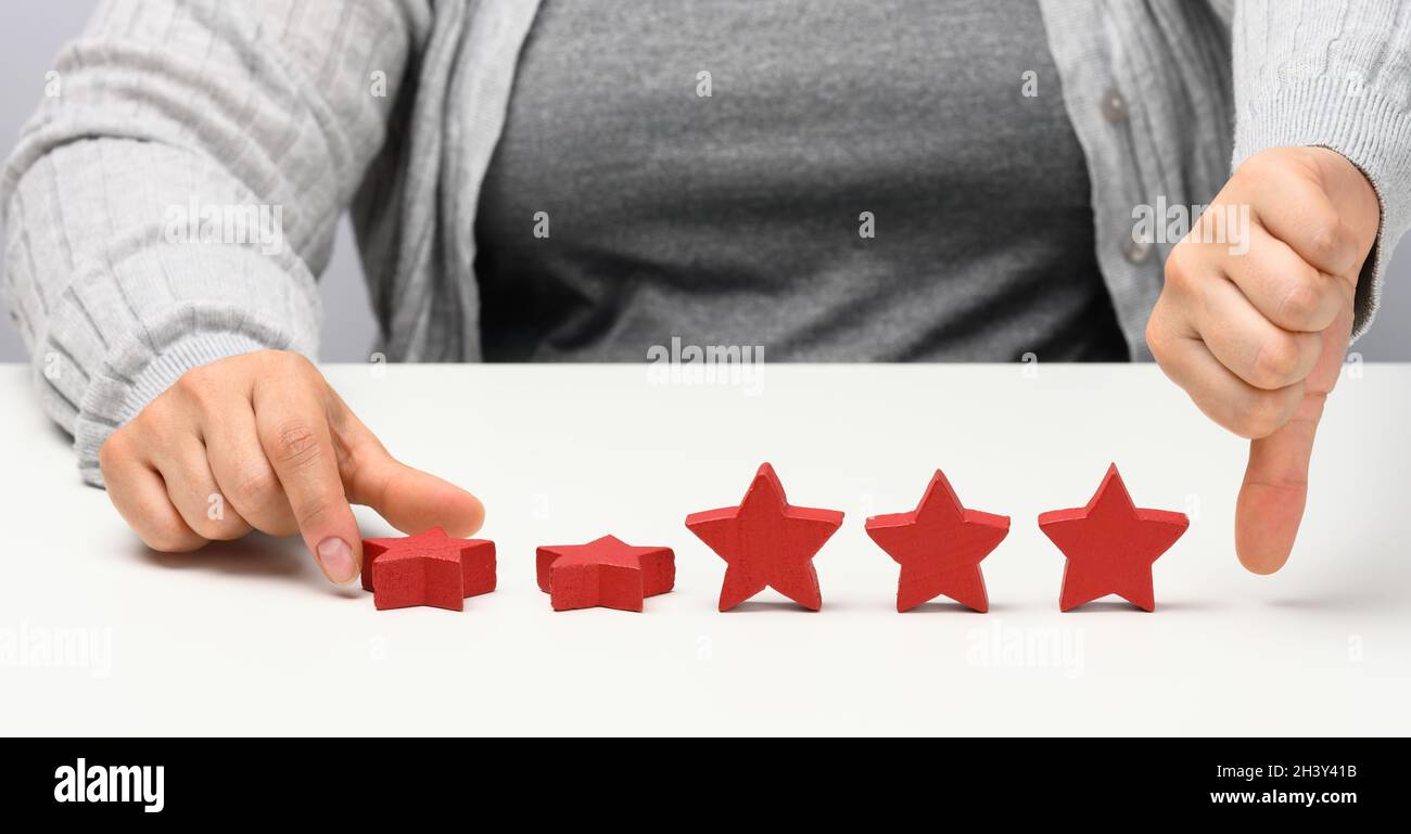 Customer Experience Feedback-Konzept. Rote Sterne, schlechte Bewertung der Dienstleistungen mit weiblicher Hand. Weißer Tisch Stockfoto