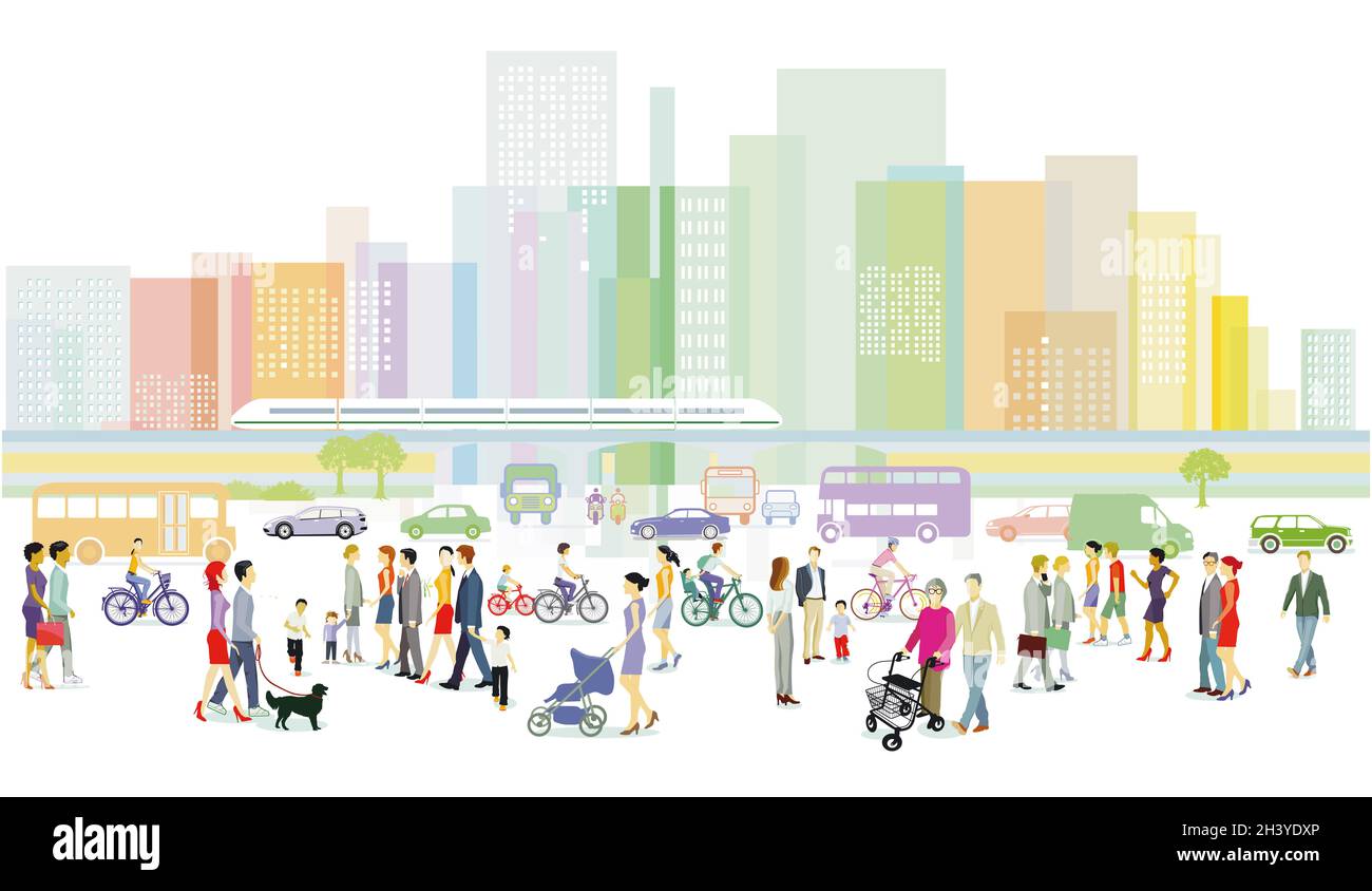 Stadt mit Gruppen von Menschen und Verkehr Illustration Stockfoto