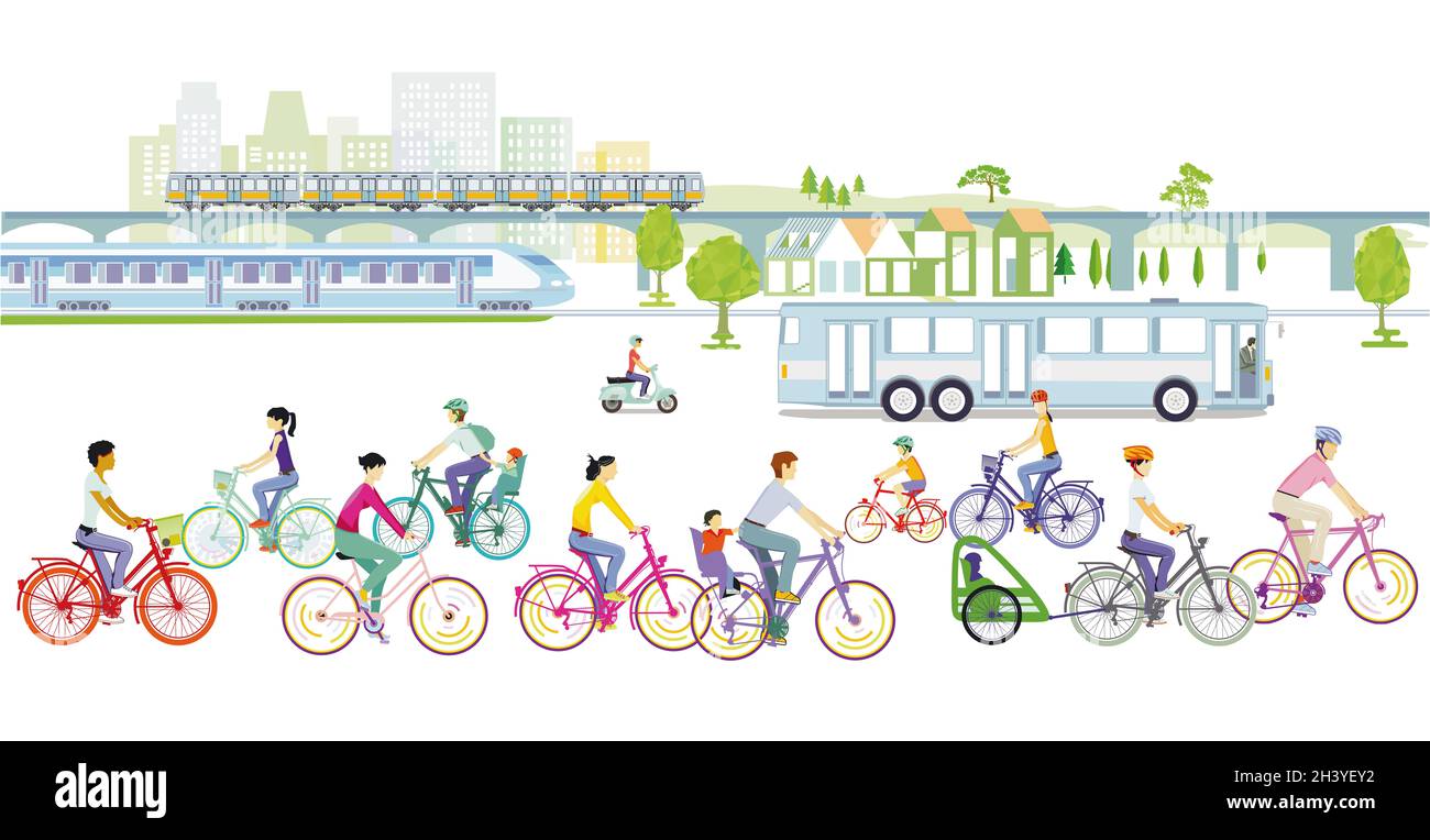 Transport mit Bahn, Fahrrad und Bus, öffentliche Verkehrsmittel Stockfoto