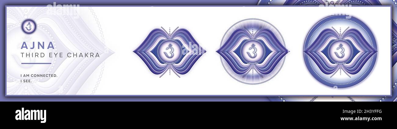 Chakra-Symbole, Chakra des dritten Auges - AJNA - Intuition, Klarheit, Meditation, Vertrauen - 'Ich SEHE' Stockfoto