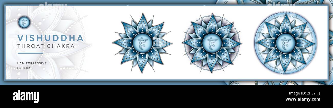 Chakra-Symbole, Kehle Chakra - VISHUDDHA - Kommunikation, Ausdruck, Kreativität, Inspiration - 'Ich REDE' Stockfoto