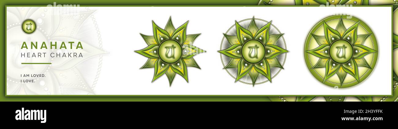 Chakra Symbole, Herz Chakra - ANAHATA - Akzeptanz, Liebe, Mitgefühl, Aufschrift - 'Ich LIEBE' Stockfoto